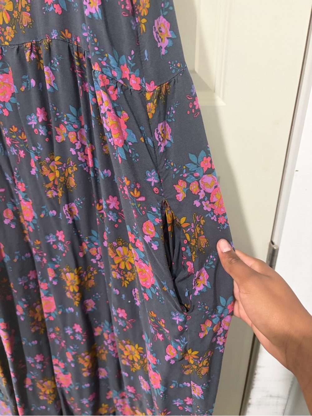 Navy Floral Jumpsuit with Pink and Purple Border - Picture 3 of 3